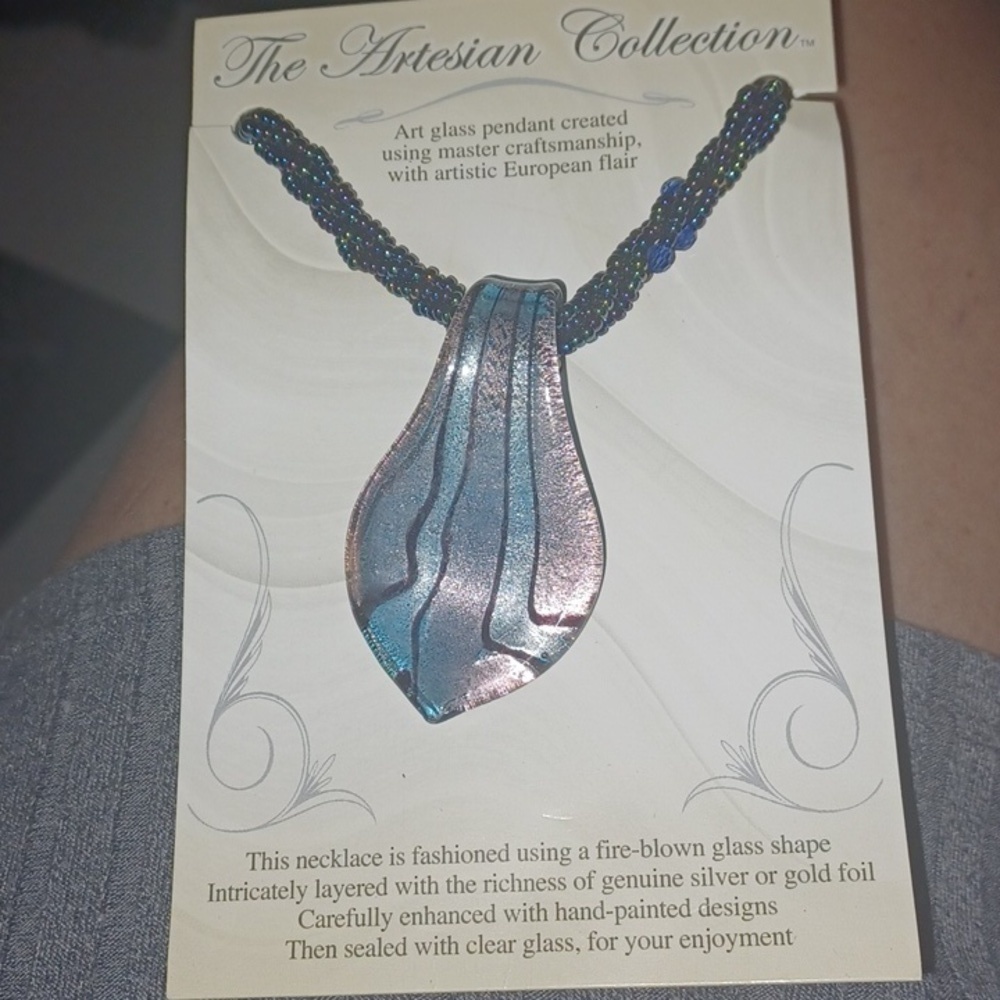 Artesian Blue Glass Pendant With Beaded Necklace & bonus Cord 17-18" long